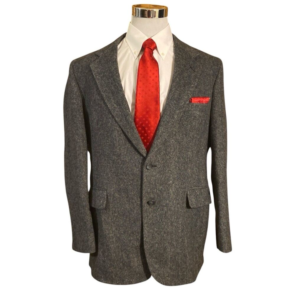 Vtg Charles Klein Wool Tweed Blazer Men’s 46 L Gray Herringbone USA Made *READ*